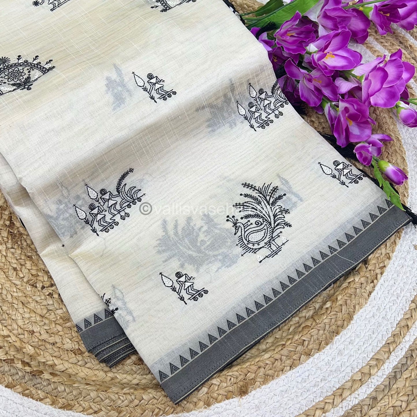 Semi Tussar Embroidery - Cream with Greyish Black Combo - VVSTE001