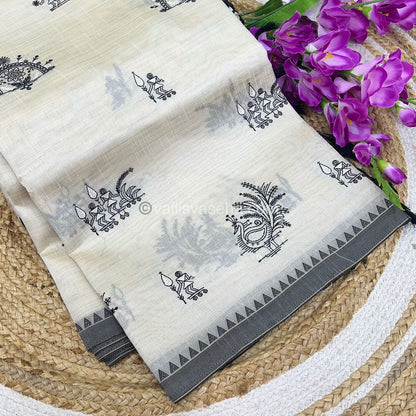 Semi Tussar Embroidery - Cream with Greyish Black Combo - VVSTE001