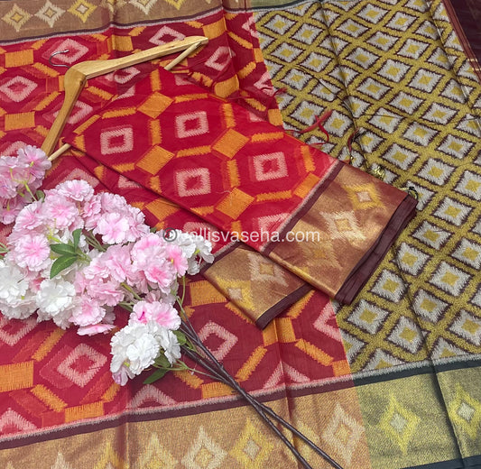 Banarasi Pochampally Weaving Semi Soft Cotton Saree - Red with Black - VVBPS001