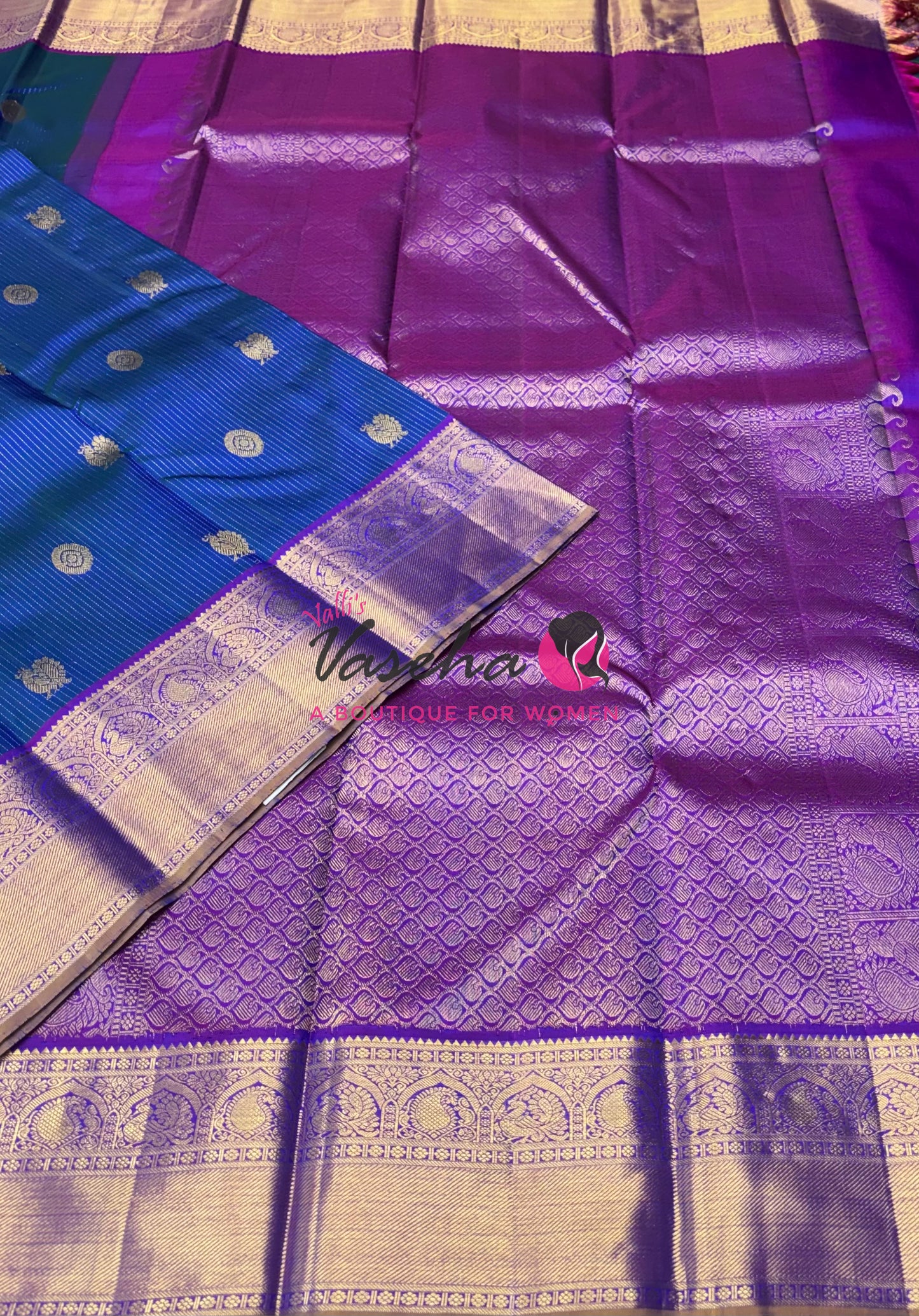 Pure Kanchipuram Silk Saree - Vairavoosi Design  - Peacock Blue & Purplish Pink Combo - VVPS059