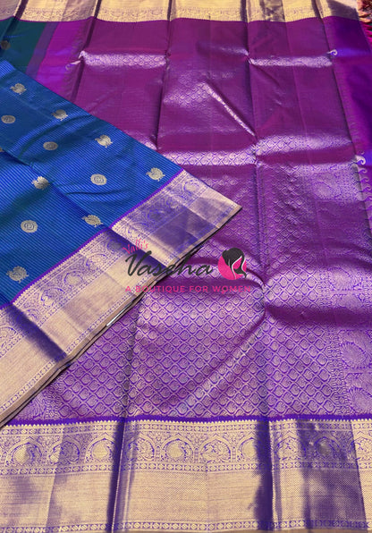 Pure Kanchipuram Silk Saree - Vairavoosi Design  - Peacock Blue & Purplish Pink Combo - VVPS059