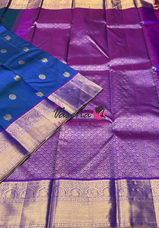 Pure Kanchipuram Silk Saree - Vairavoosi Design  - Peacock Blue & Purplish Pink Combo - VVPS059