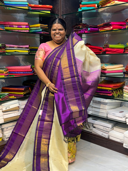 Pure Korvai Silk Cotton Saree -Half white with Purple - Retta Petta border - VVKSC004