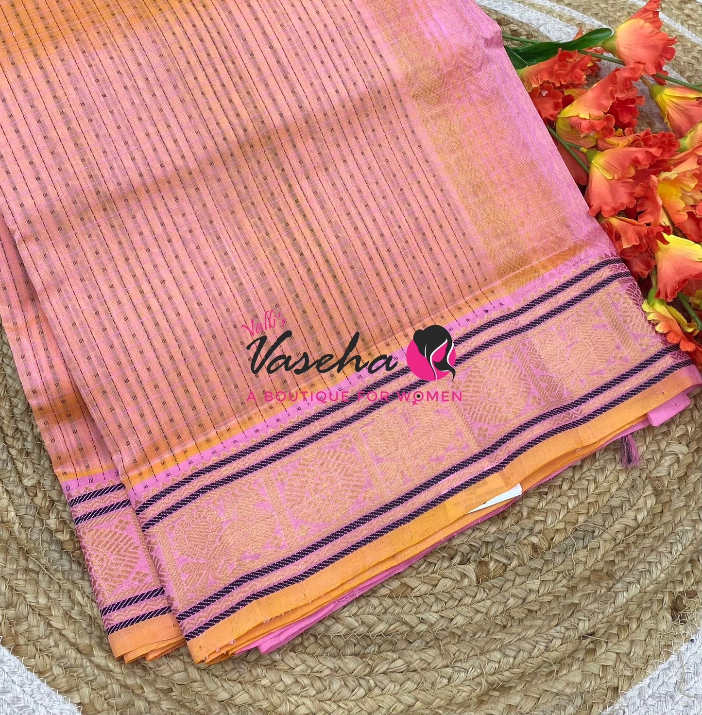 Pure Silk Cotton Saree - peach With Pink Shade - Lakshadeepam Design - VVPLD001