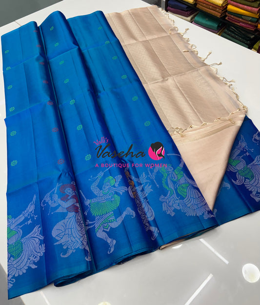 Pure Soft Silk Saree  - Blue With Cream Combo - VVPSS139