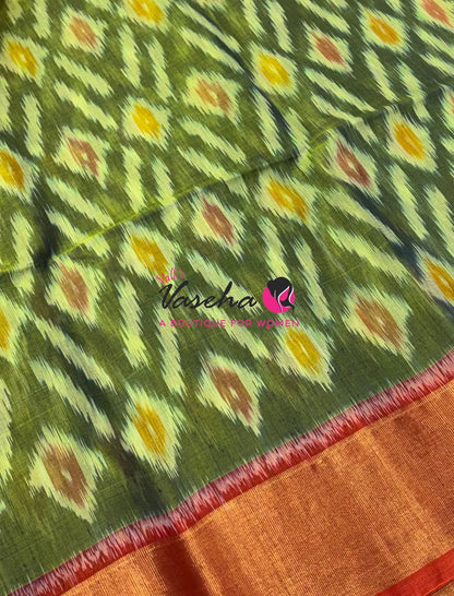 Pochampally Silk Cotton Saree - Double Tone Green & Red Shade - VVPPS001