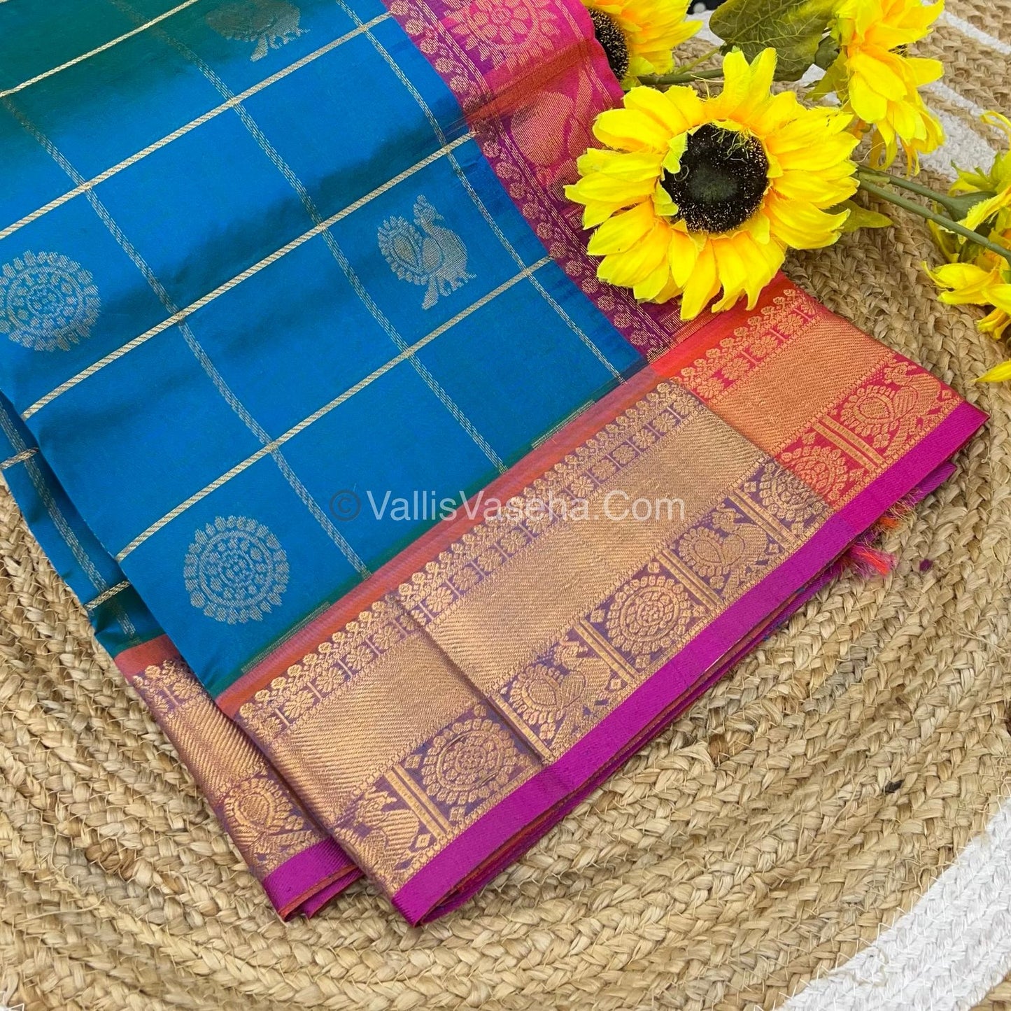Pure Silk Cotton Saree - Mayil & Chakkaram Design - Blue With Peachish Pink - VVMC001