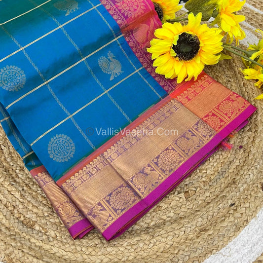 Pure Silk Cotton Saree - Mayil & Chakkaram Design - Blue With Peachish Pink - VVMC001