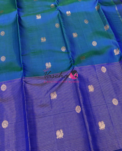 Pure Kanchipuram Silk Saree - Peacock Blue With Blue - VVPS052