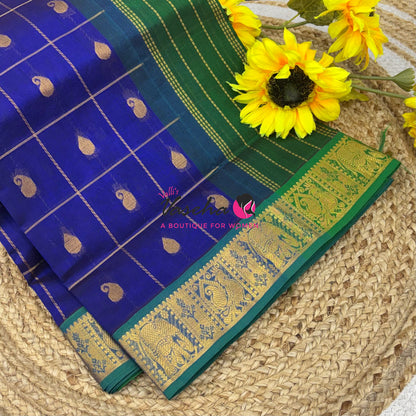 Pure silk  Cotton Saree - Checked Pattern with Butta - Blue & Green Shade - VVSCC005
