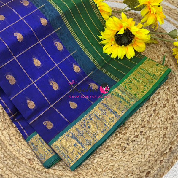 Pure silk  Cotton Saree - Checked Pattern with Butta - Blue & Green Shade - VVSCC005