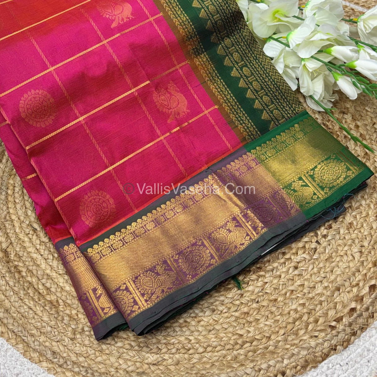 Pure Silk Cotton Saree - Mayil & Chakkaram Design -  Pink With Green Shade - VVMC001