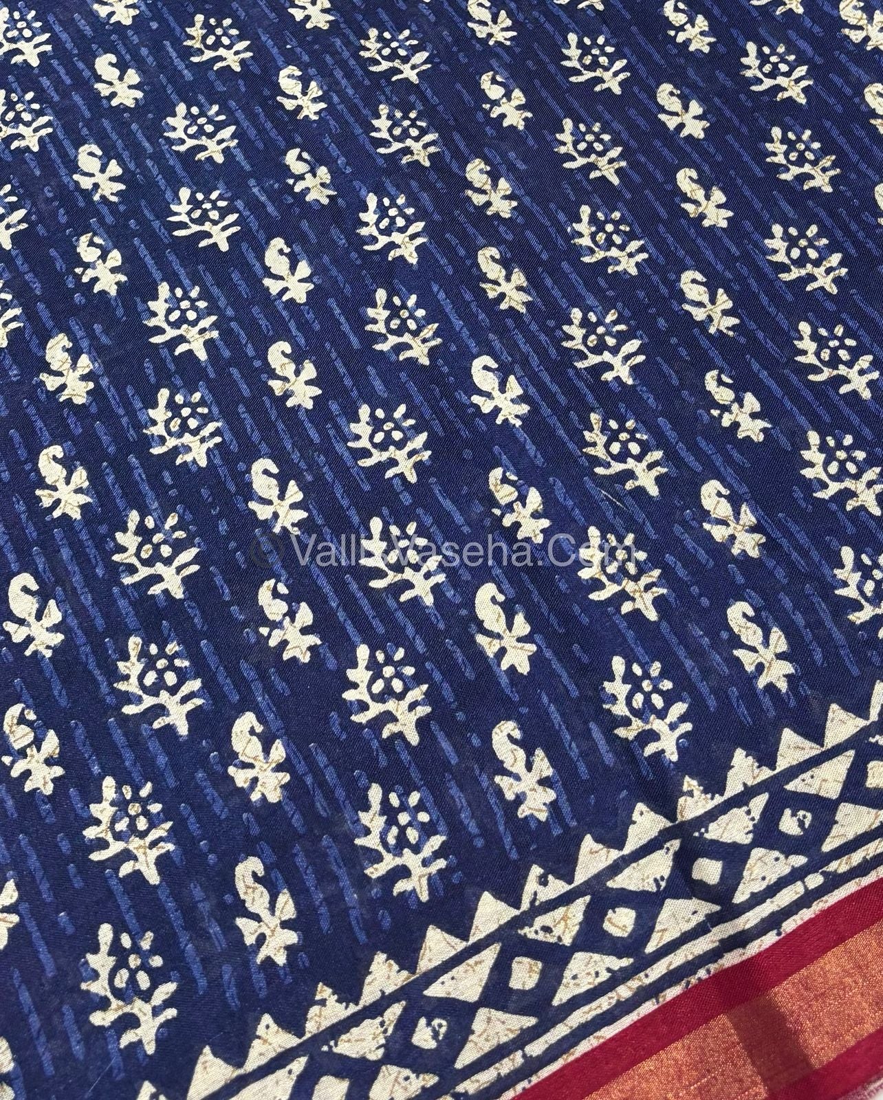 Semi Maheshwari Mixed Cotton Saree - Linen Feel - Indigo Blue & Reddish Merun - VVMSC003