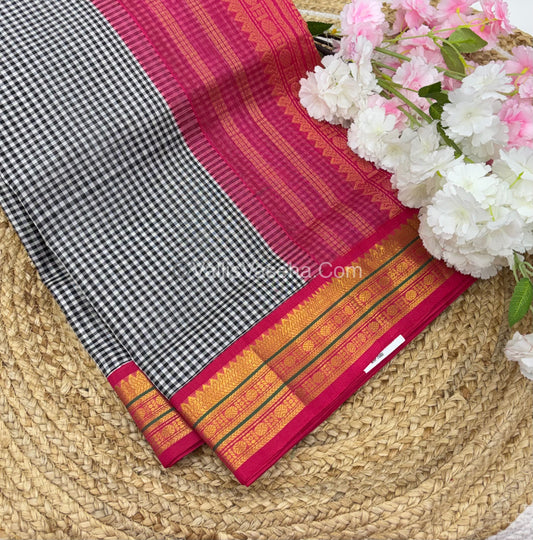 Pure Korvai Silk Cotton - Podi Kattam - Black & White with Peachish Pink - VVKSC003