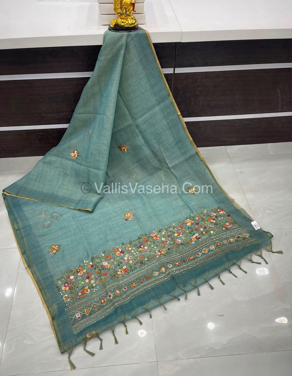 French Knot - Linen Tissue Saree - Blue Shade - Heavy Work Blouse - VVLFN012