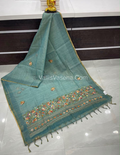 French Knot - Linen Tissue Saree - Blue Shade - Heavy Work Blouse - VVLFN012