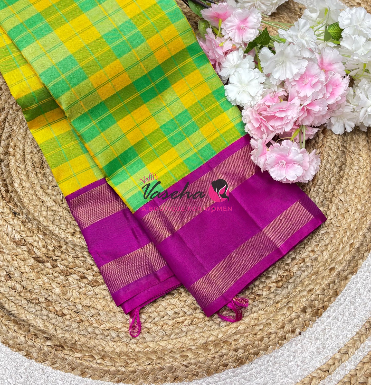 Pure Vintage Korvai Kanchipuram Silk Saree - Yellow/Green & Pink Combo - VVPS069