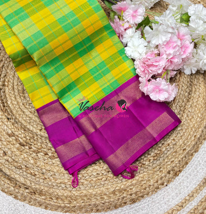 Pure Vintage Korvai Kanchipuram Silk Saree - Yellow/Green & Pink Combo - VVPS069