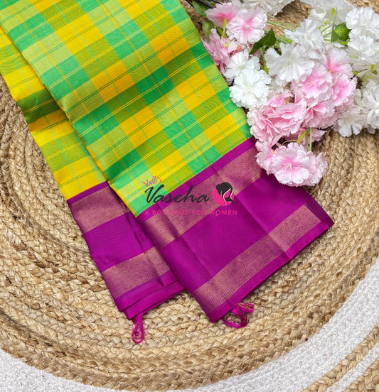 Pure Vintage Korvai Kanchipuram Silk Saree - Yellow/Green & Pink Combo - VVPS069