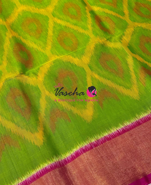 Pochampally Silk Cotton Saree - Green & Pink Shade - VVPPS001