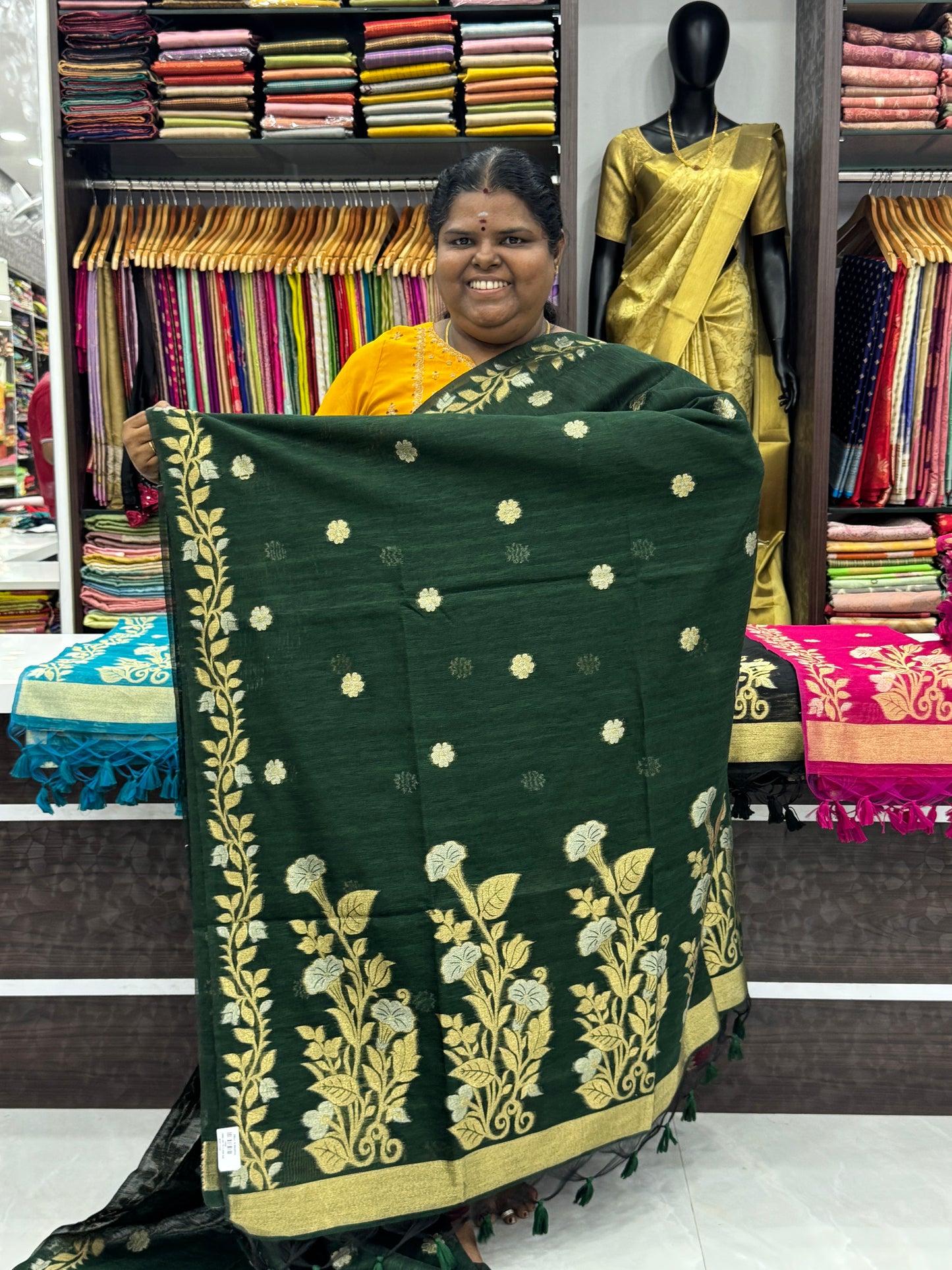 Linen Mixed Jute Silk Saree - Green Shade - VVLMJ001