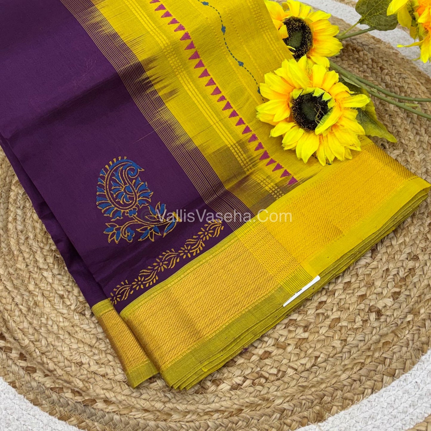 Pure Printed Silk Cotton Sarees - Purple with Yellow - VVPSC004