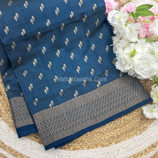 Semi Tussar Silk - Grand Pallu  -  Blue Shade - VVSTS021