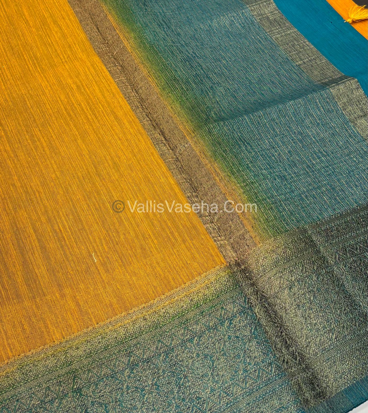 Bamboo Silk Saree - Yellow With Blue Shade - VVBSS006