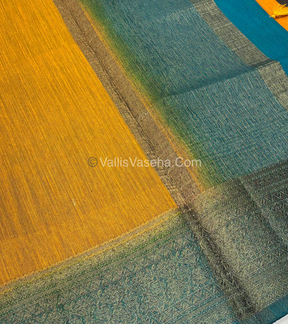 Bamboo Silk Saree - Yellow With Blue Shade - VVBSS006