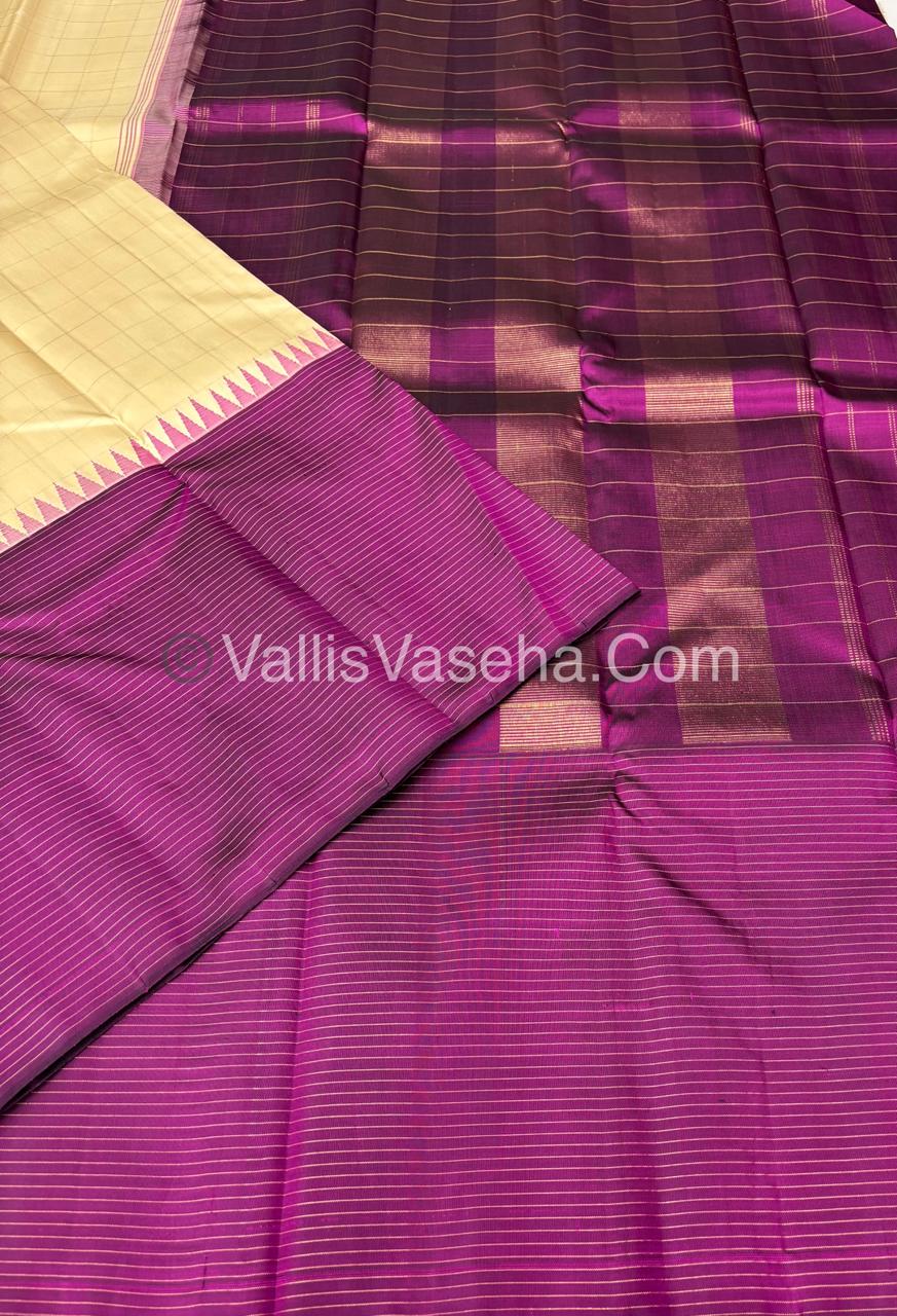 Pure Kanchipuram Silk Saree - Cream & Purple Combo - VVPS035
