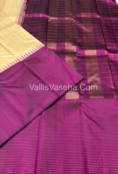 Pure Kanchipuram Silk Saree - Cream & Purple Combo - VVPS035