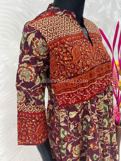 Ready Made - Long Floor Length Kurti - Purplish Merun Color - Kalamkari Design - VVKLG001