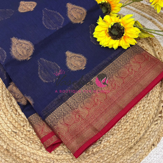 Bamboo Silk Saree- Blue with Red Shade - VVBSS013