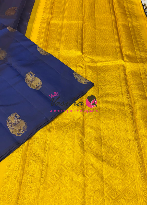 Pure Kanchipuram Silk Saree - Border Less - Blue with Yellow Combo - VVPS043