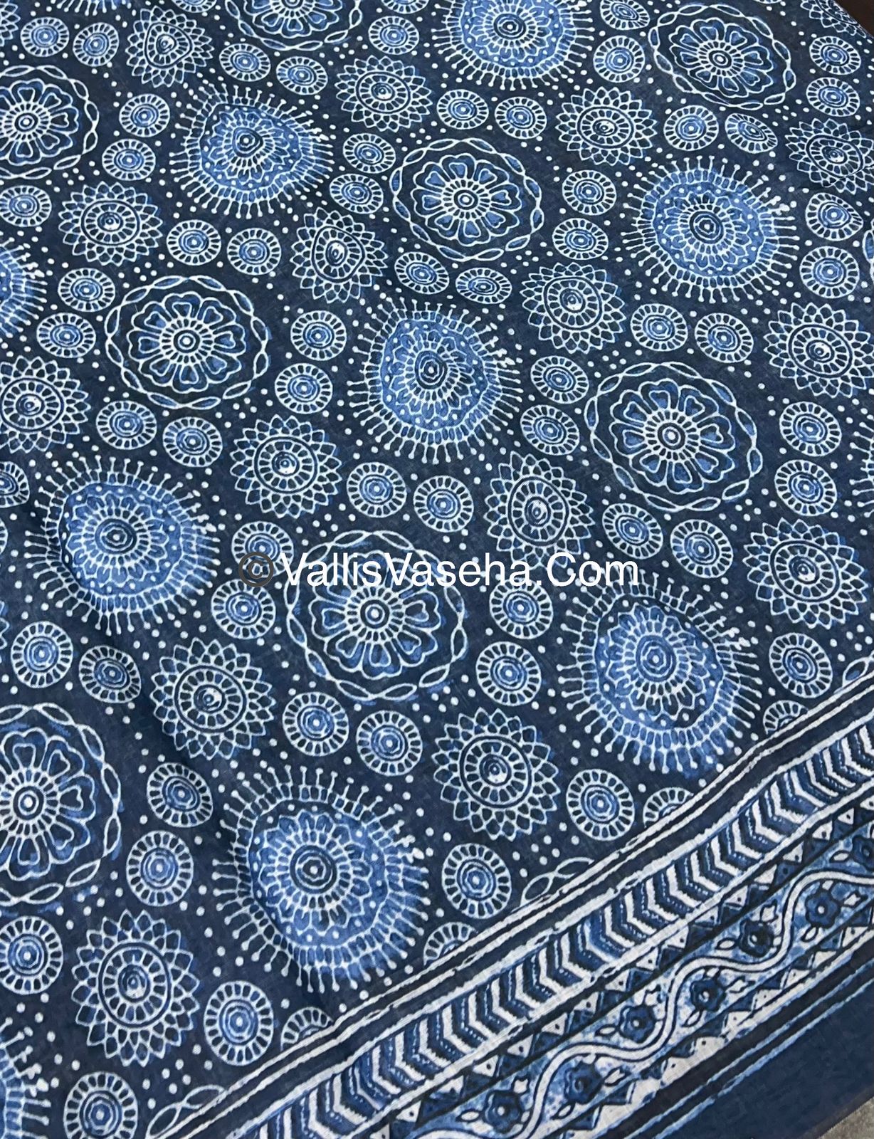 Linen Mixed Cotton Saree - Indigo Blue - Printed - VVLMP001