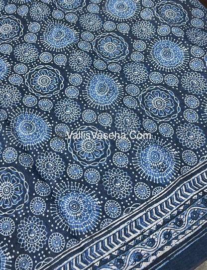 Linen Mixed Cotton Saree - Indigo Blue - Printed - VVLMP001
