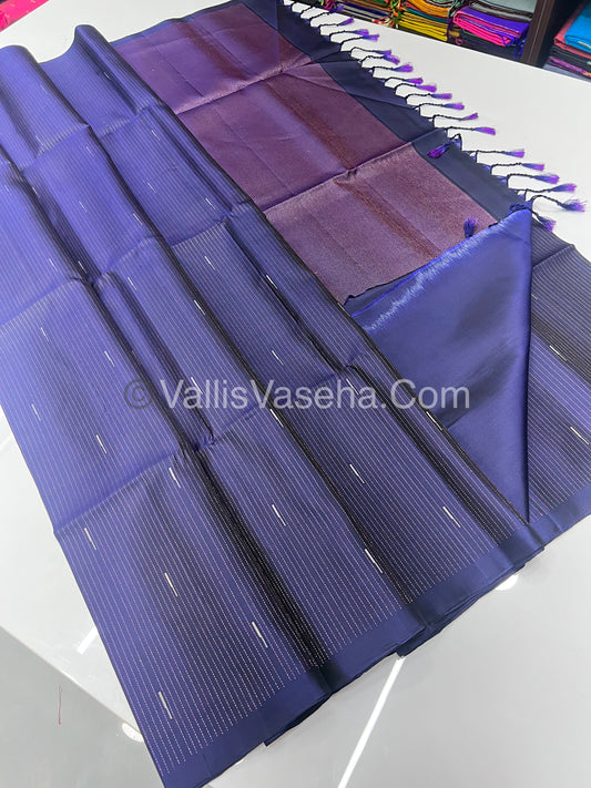 Pure Soft Silk Saree - Antique Zari - Border Less - Navy Blue - VVPSS037