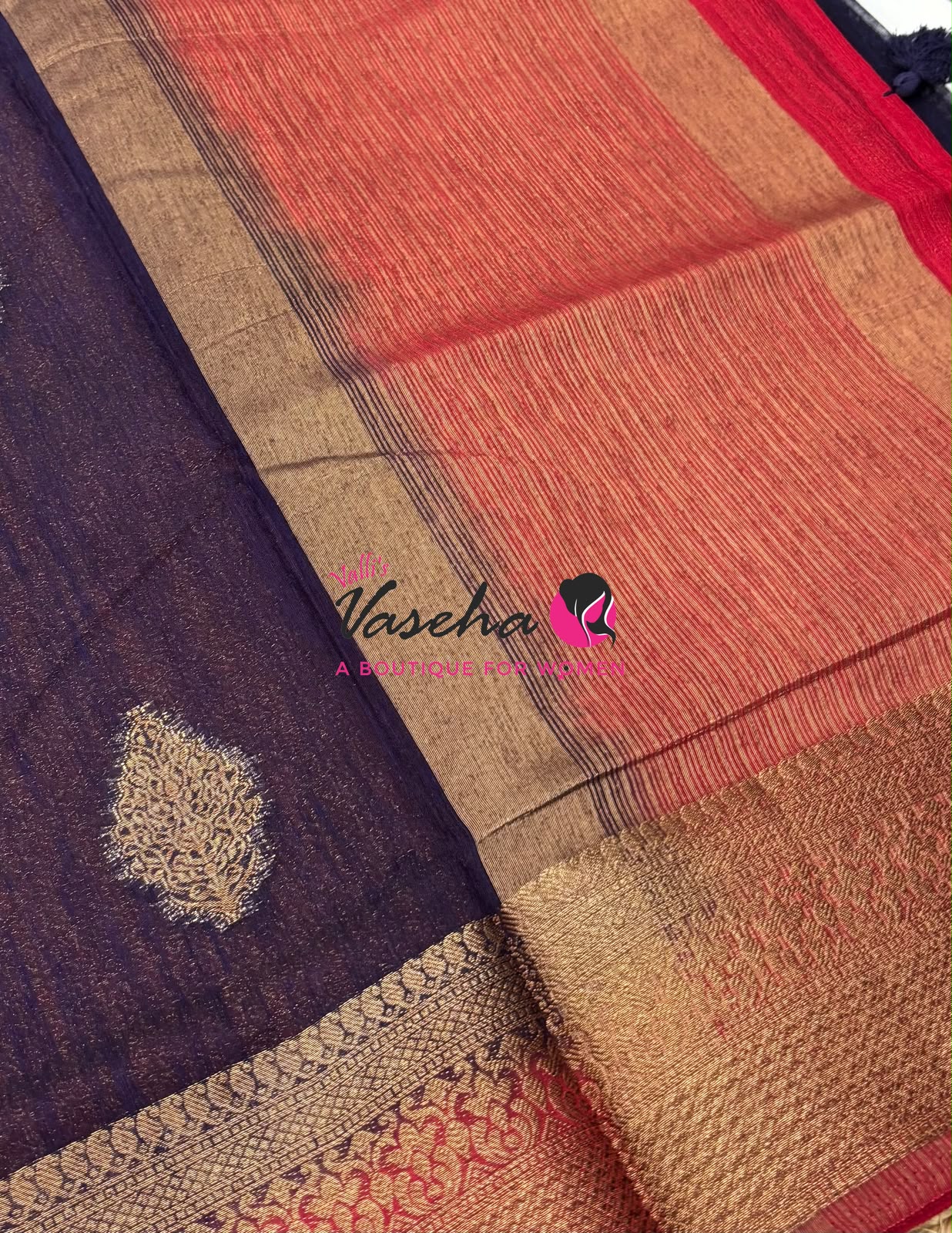 Bamboo Silk Saree - Navy Blue With Red  - VVBSS018