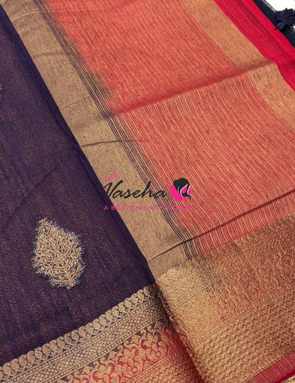 Bamboo Silk Saree - Navy Blue With Red  - VVBSS018