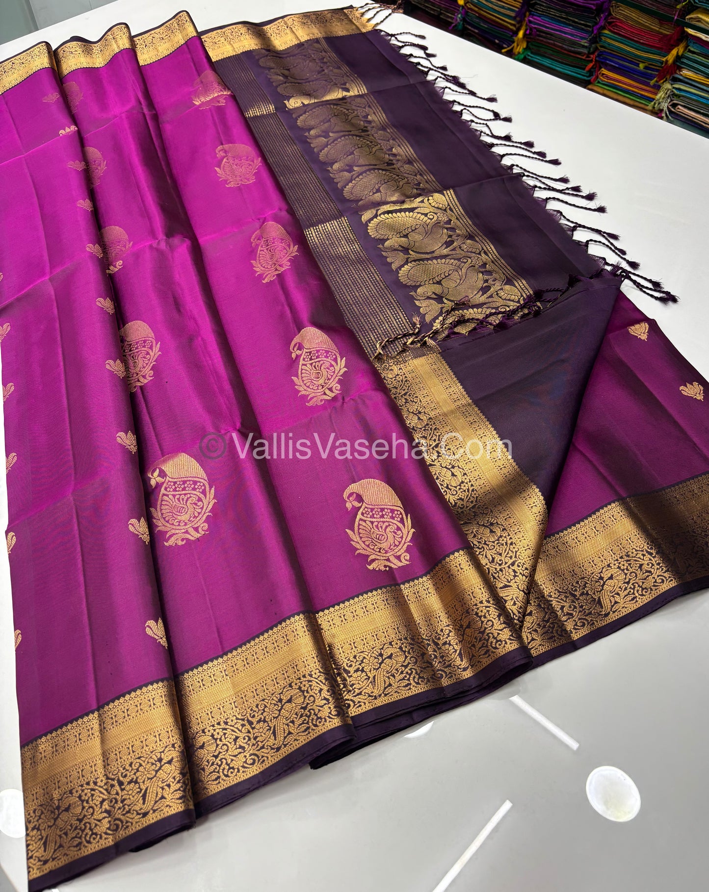 Pure Soft Silk Saree - Kanchi Border - Dark Pink & Dark Purple Combo - VVPSS046