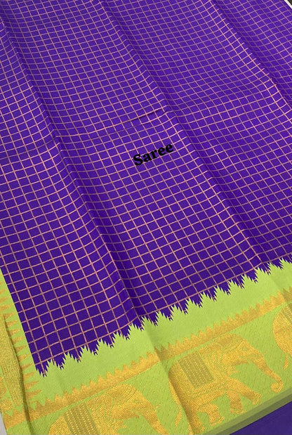 Semi Silk Saree - Kanchi Silk Style - Elephant Border - Violetish Blue with Light Green - VVSSS005