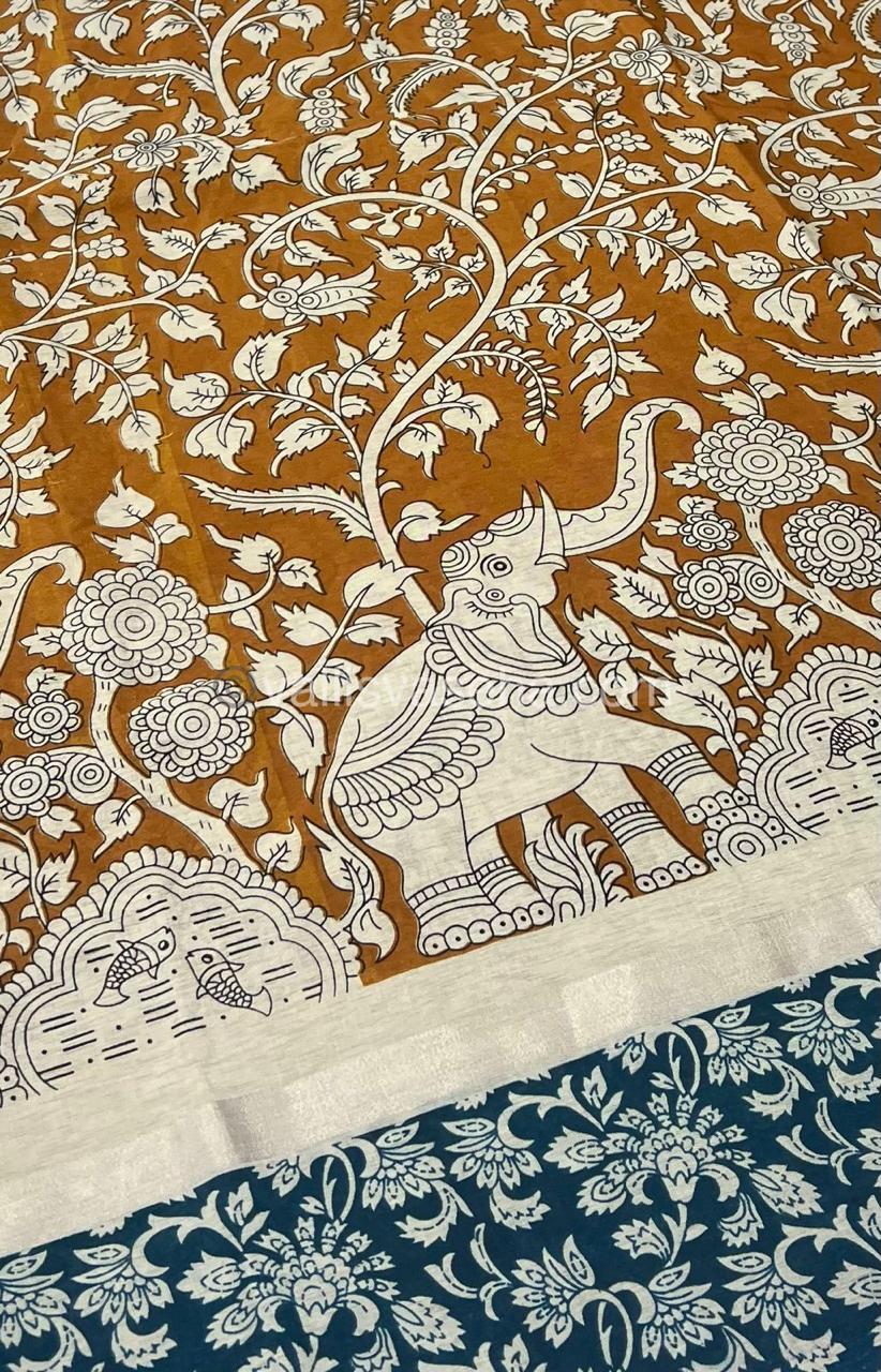 Casual Wear - Semi Silk Mixed - Kalamkari -Mustard Yellow with Ramar Blue - VVSSK001