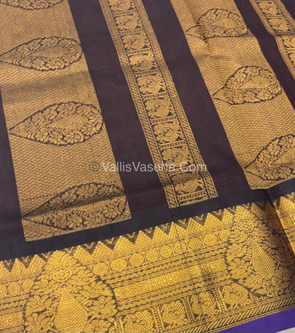 Pure Korvai Silk Cotton Saree - Mustard Yellow with Brown - VVKSC019