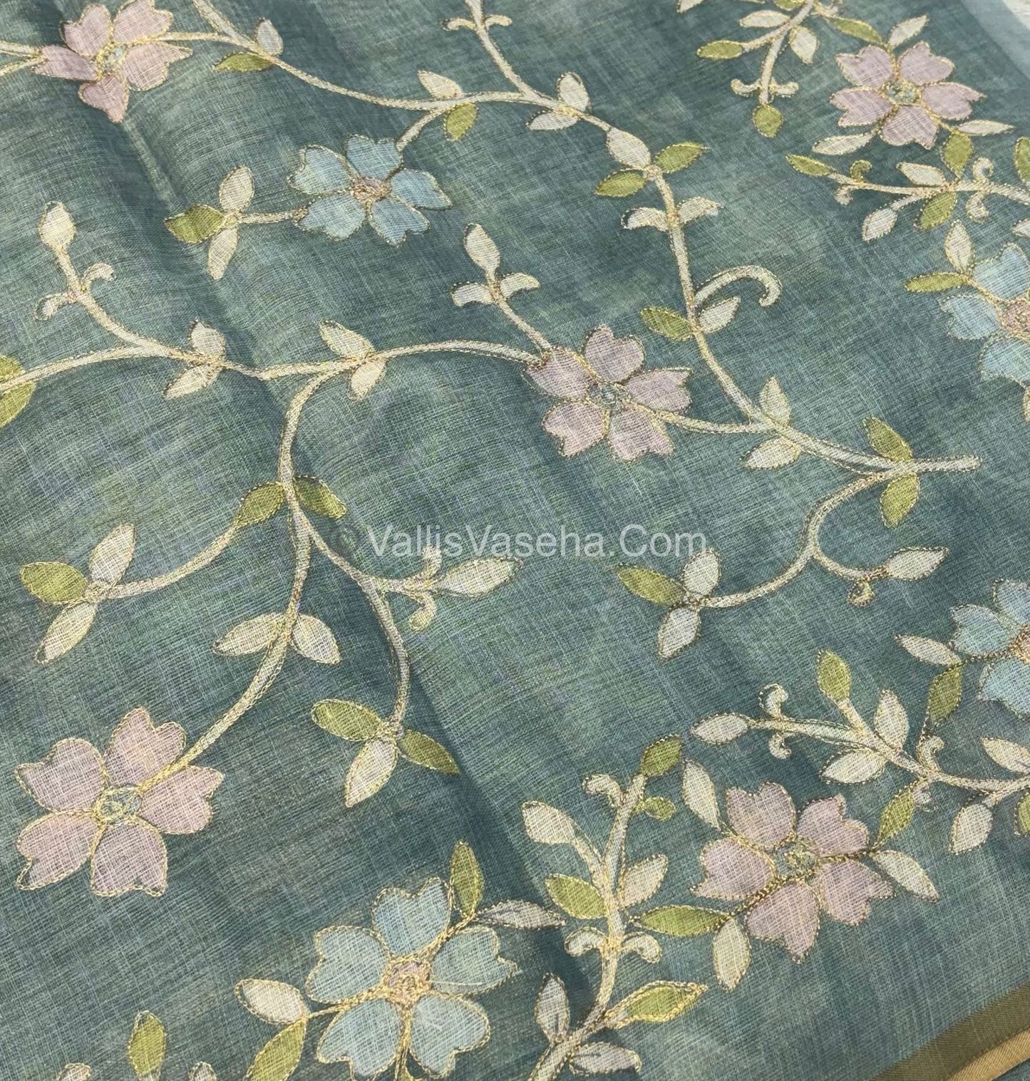 Tissue Linen Saree - Green Shade - VVTLS001