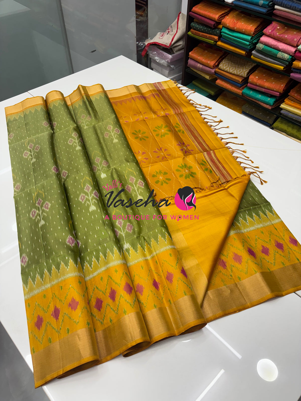 Pure Soft Silk Saree  - Pochampally Design - Green & Yellow Combo - VVPSS110