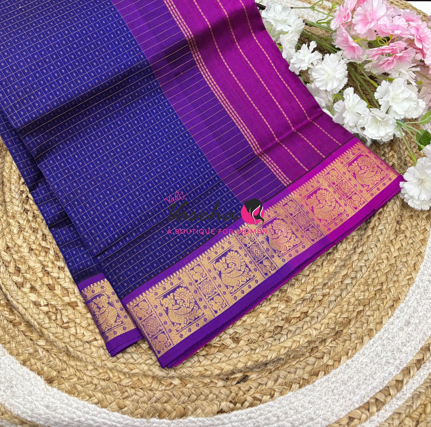Pure Silk Cotton Saree - Blue With Purple - Lakshadeepam Design - VVPLD004