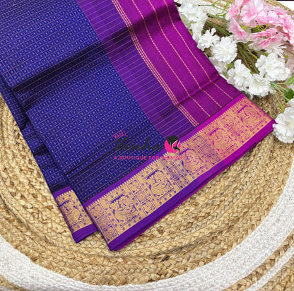 Pure Silk Cotton Saree - Blue With Purple - Lakshadeepam Design - VVPLD004