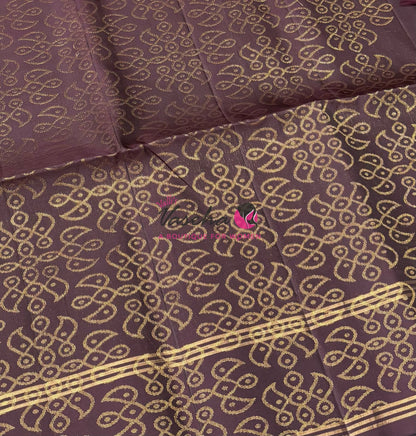 Pure Soft Silk Saree - (1.75 Warp) Kolam Design - Shade Of Lemon Green & Brown Shade - VVPSS074