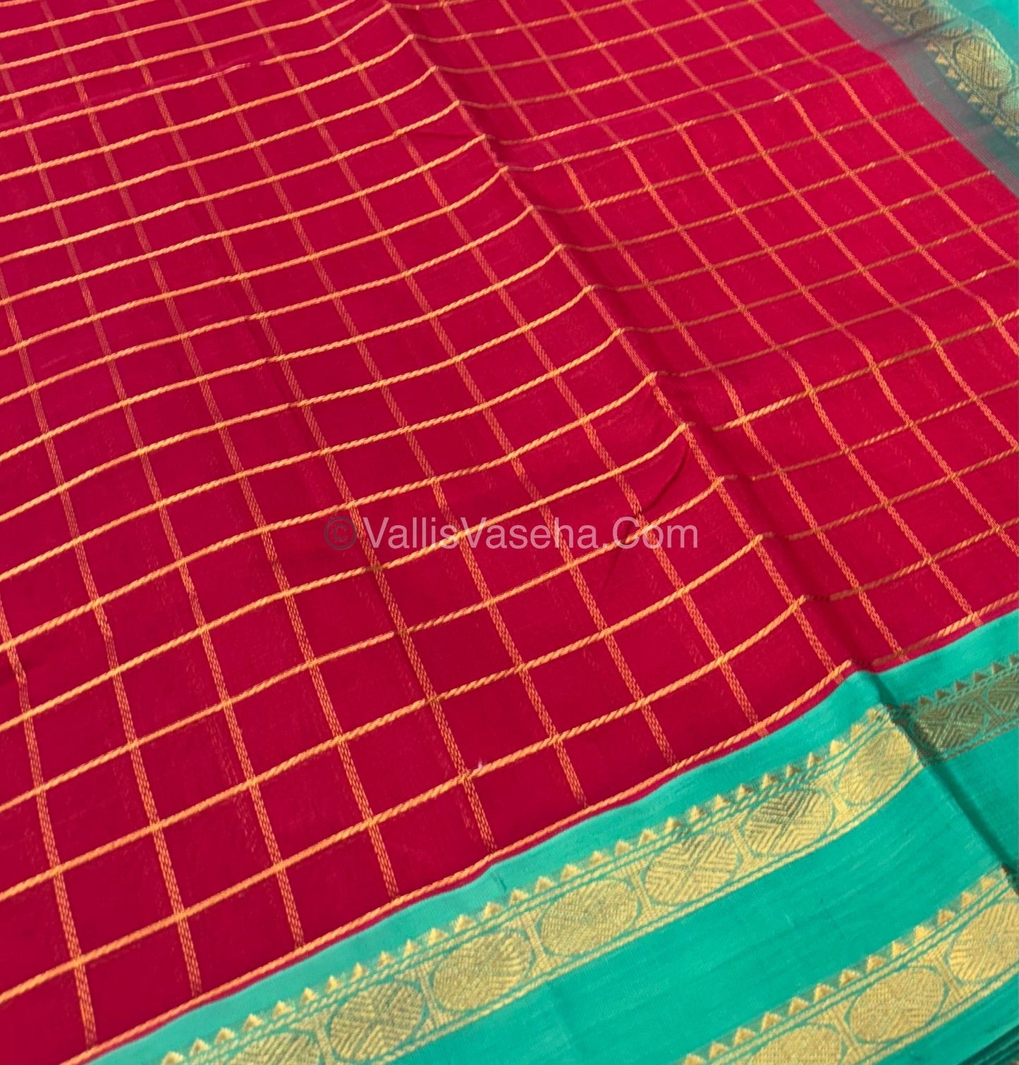 Pure Korvai Silk Cotton Saree - Red With Blue - VVKSC020