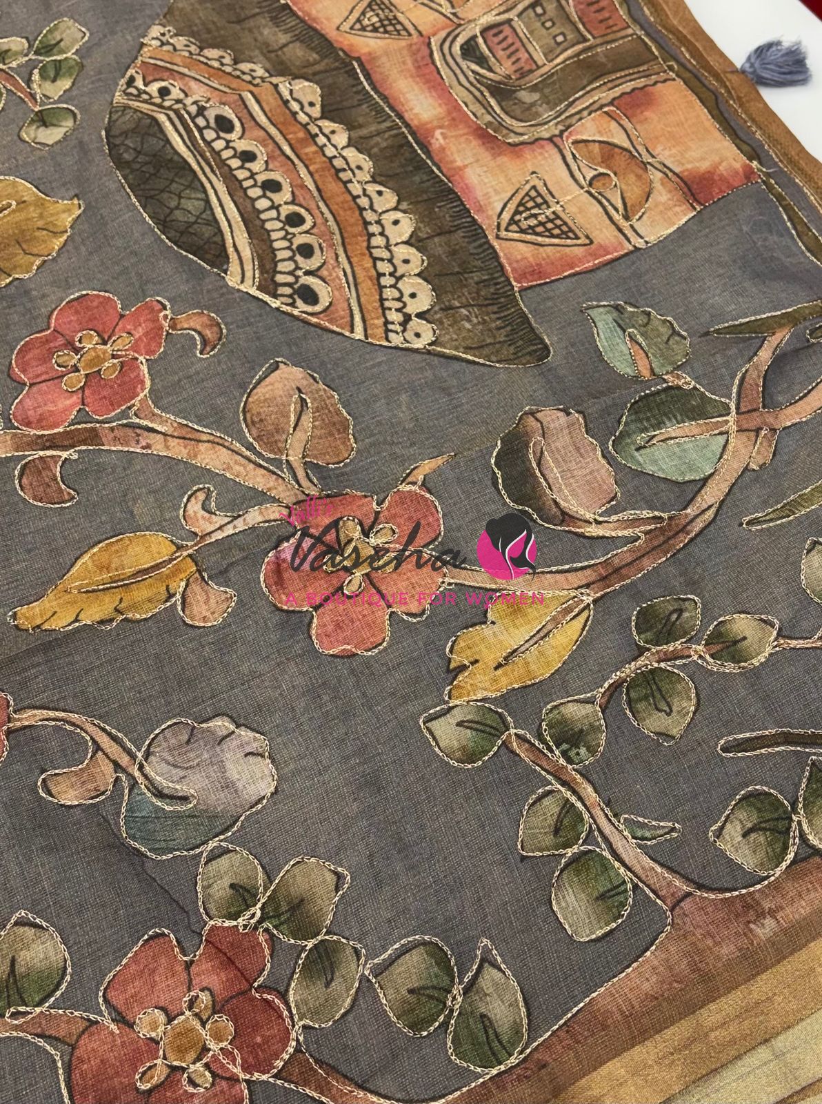 Linen Tissue Saree - Mirror Work Embroidery - Chocolate/ Biscuit With Grey Shade - VVLTS001